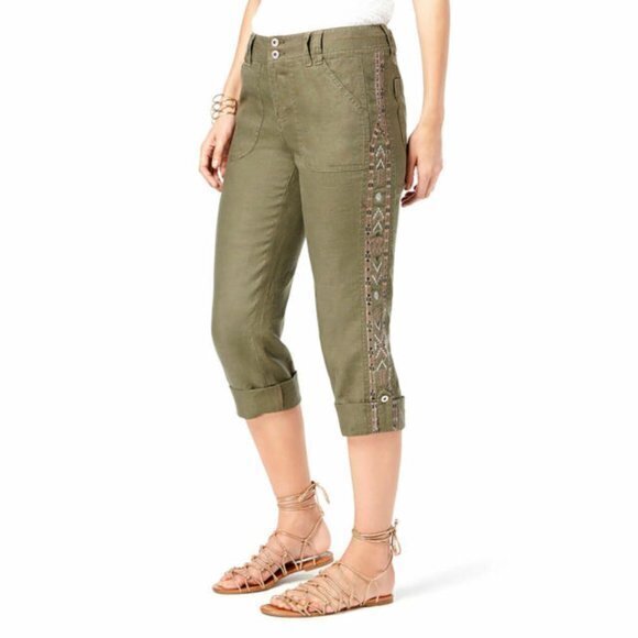 INC Curvy-Fit‎ Embroidered Cropped Linen Pants Olive Womens Size 6P Petite - Picture 1 of 8